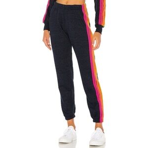 Aviator Nation Heather Navy Track Sweatpants with Asymmetrical Neon Stripes